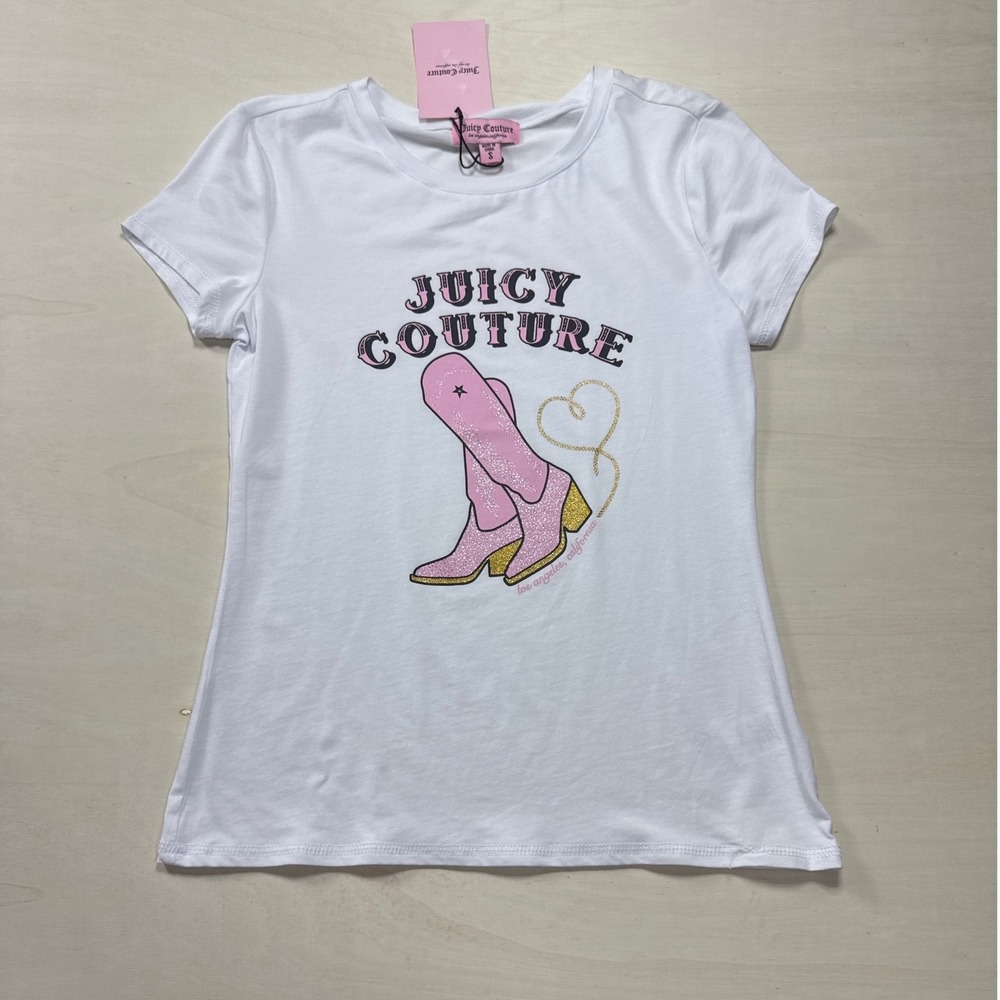 Juicy Couture White Graphic Tee Pink Glitter Cowboy Boots Western Small‎ NWT